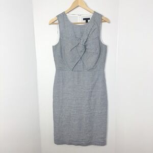 J Crew Linen Blend Midi Sheath Dress 6T Drape Knot Check Preppy Office Business